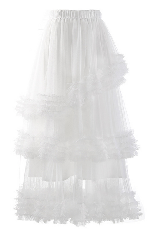 White Tiered Ruffle Tulle Long Skirt