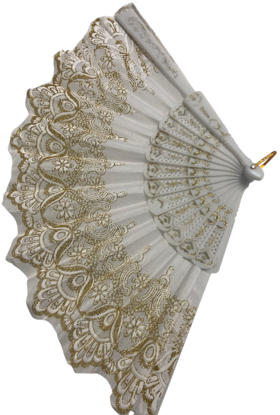 White and Gold Hand Fan With Gold Glitter Detail (K)