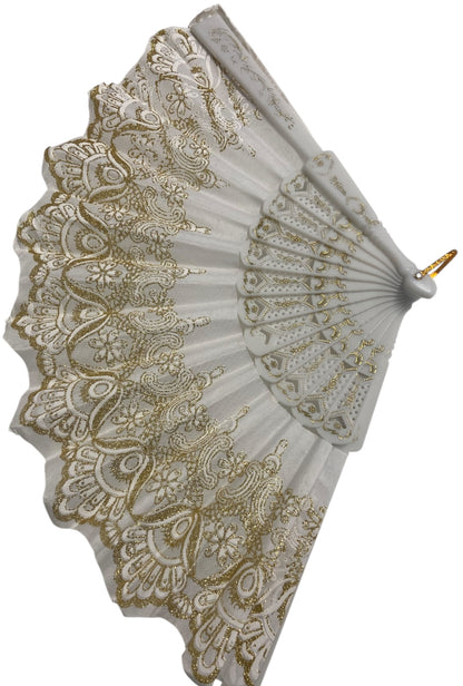 White and Gold Hand Fan With Gold Glitter Detail (K)