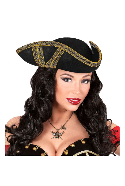 Gold Trim Black Felt Tricorn Pirate Hat