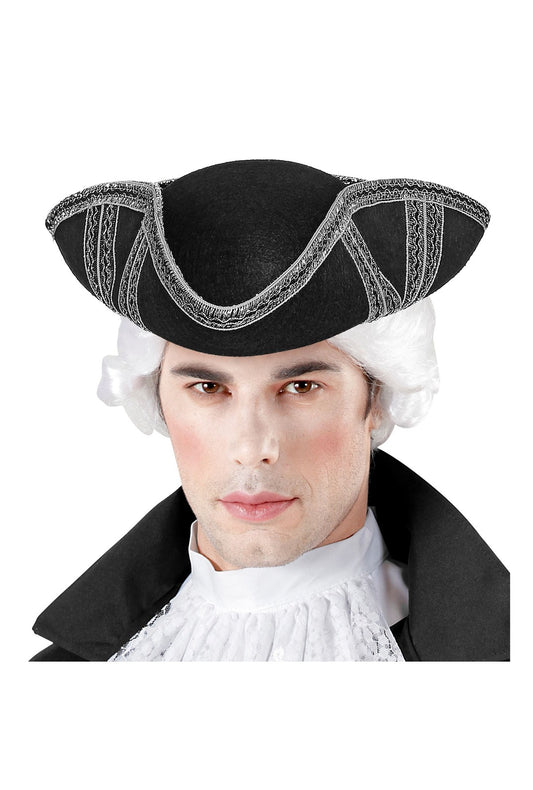 Silver Trim Black Felt Tricorn Pirate Hat