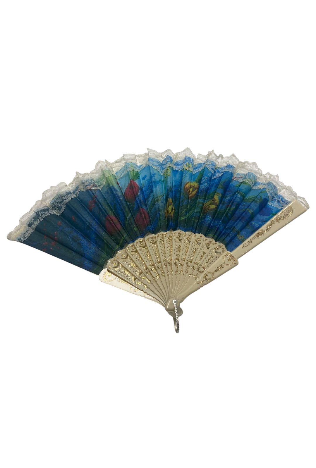 Cream and Gold Hand Fan With Pink and Yellow Watercolour Tulips (O)