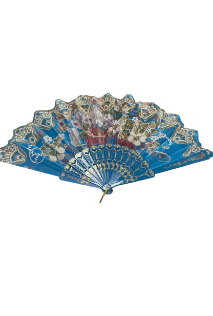 Blue and Gold Hand Fan With Flowers