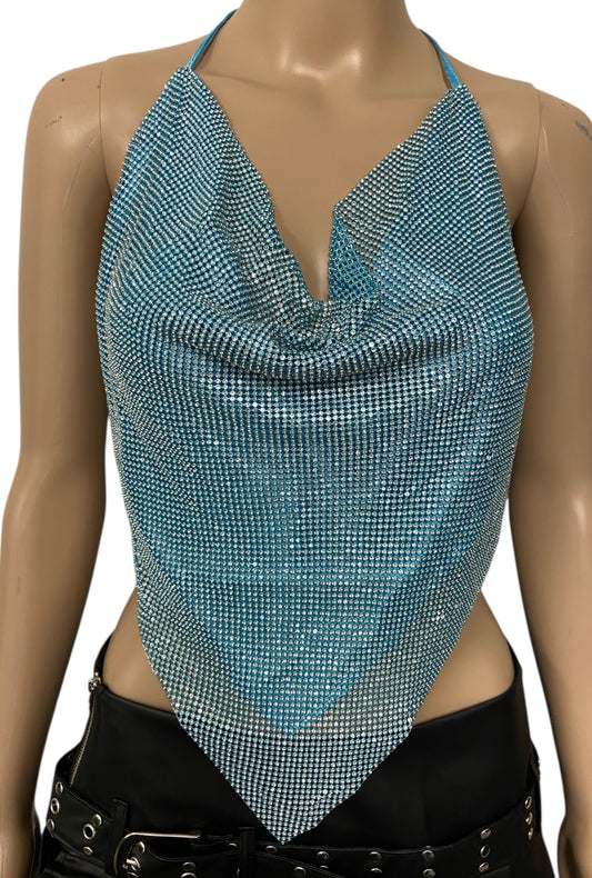 Blue Rhinestone Metal Mesh Crop Top