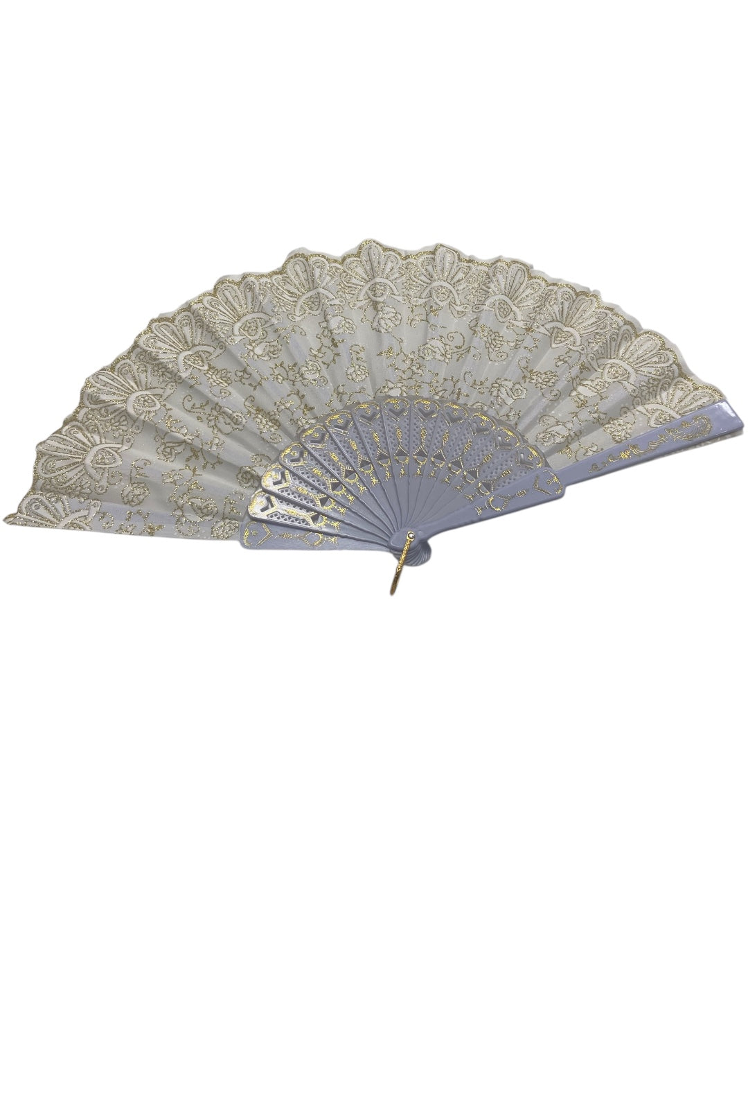 White and Gold Hand Fan With Gold Glitter Roses (E)
