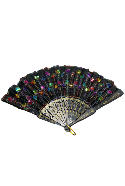 Black and Gold Hand Fan With Rainbow Sequins