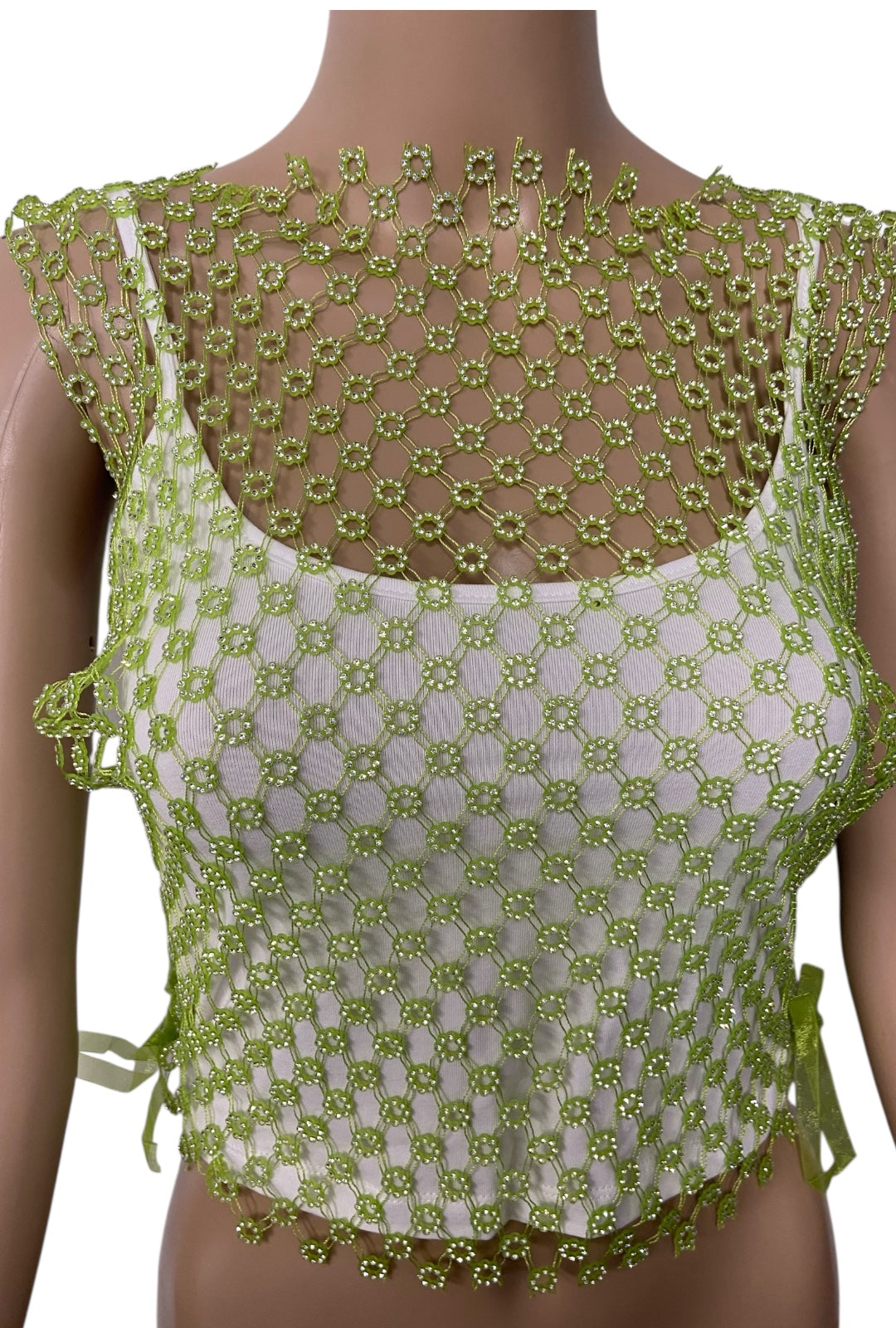 Green Lace Up Crystal Mesh Top
