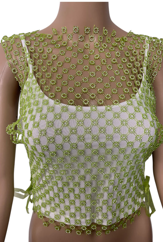 Green Lace Up Crystal Mesh Top
