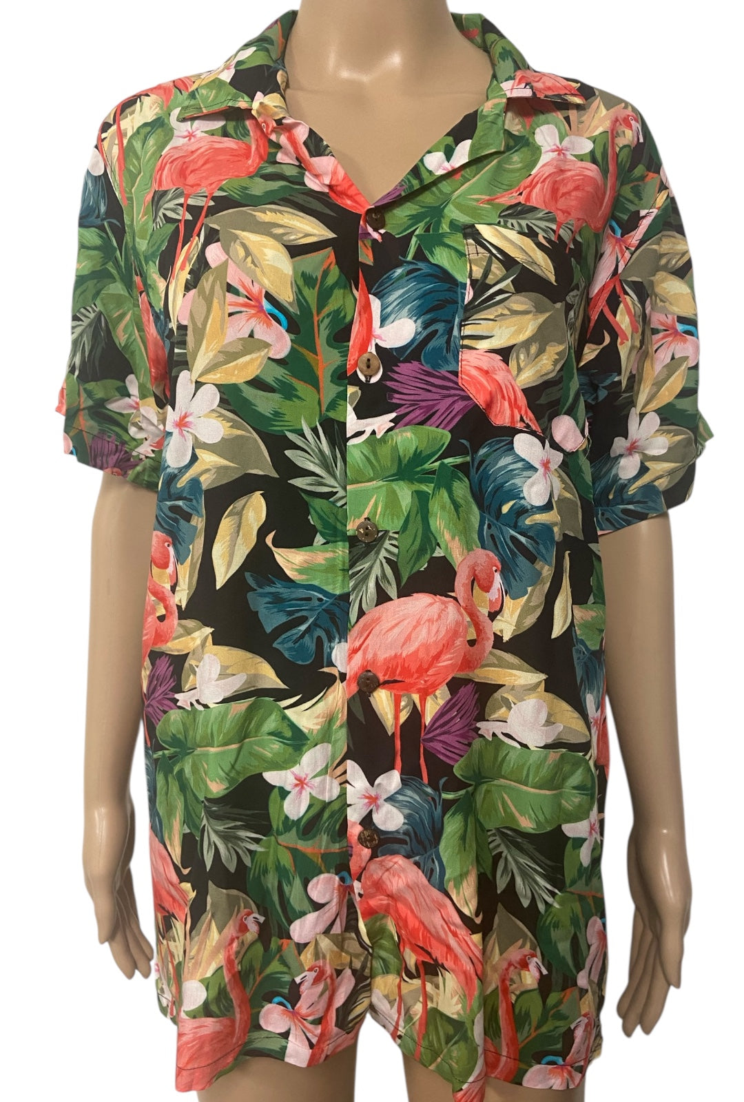 Pink and Green Flamingo and Frangipani Flower Button Down Shirt