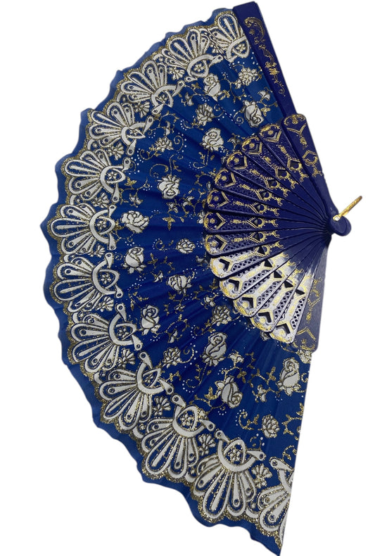 Dark Blue and Gold Hand Fan With Roses