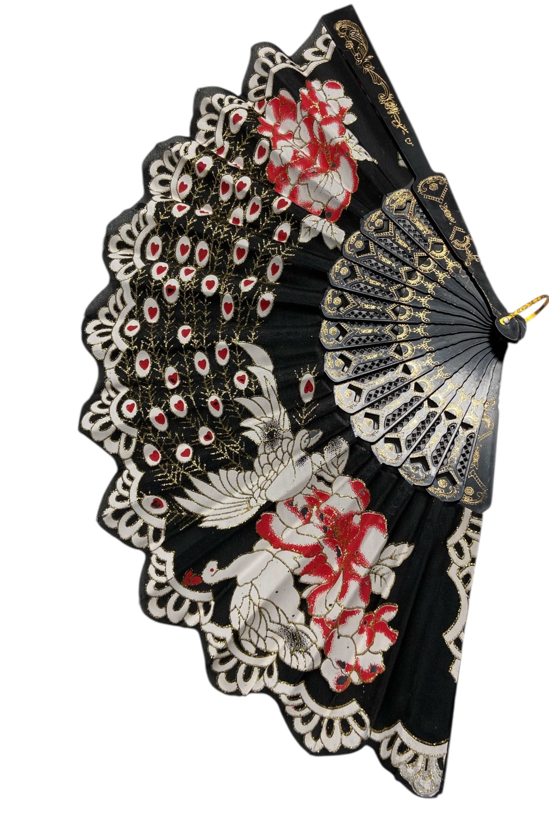 Black and Gold Hand Fan With Peacock and Roses