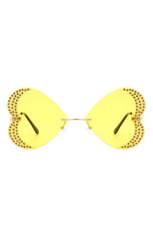 Yellow Diamanté Rimless Heart Glasses