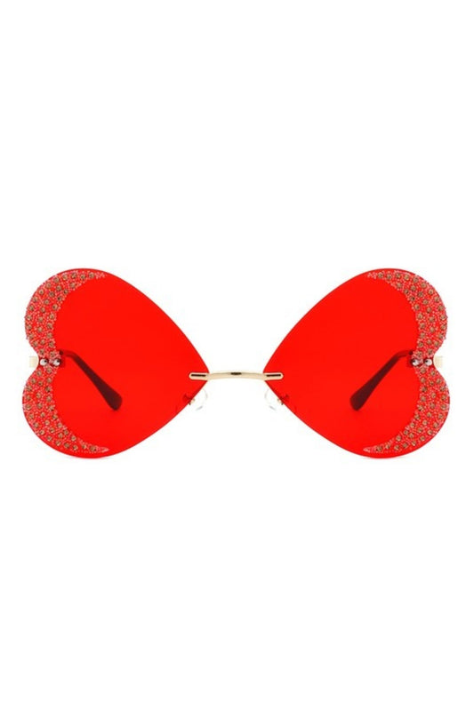 Red Diamanté Rimless Heart Glasses