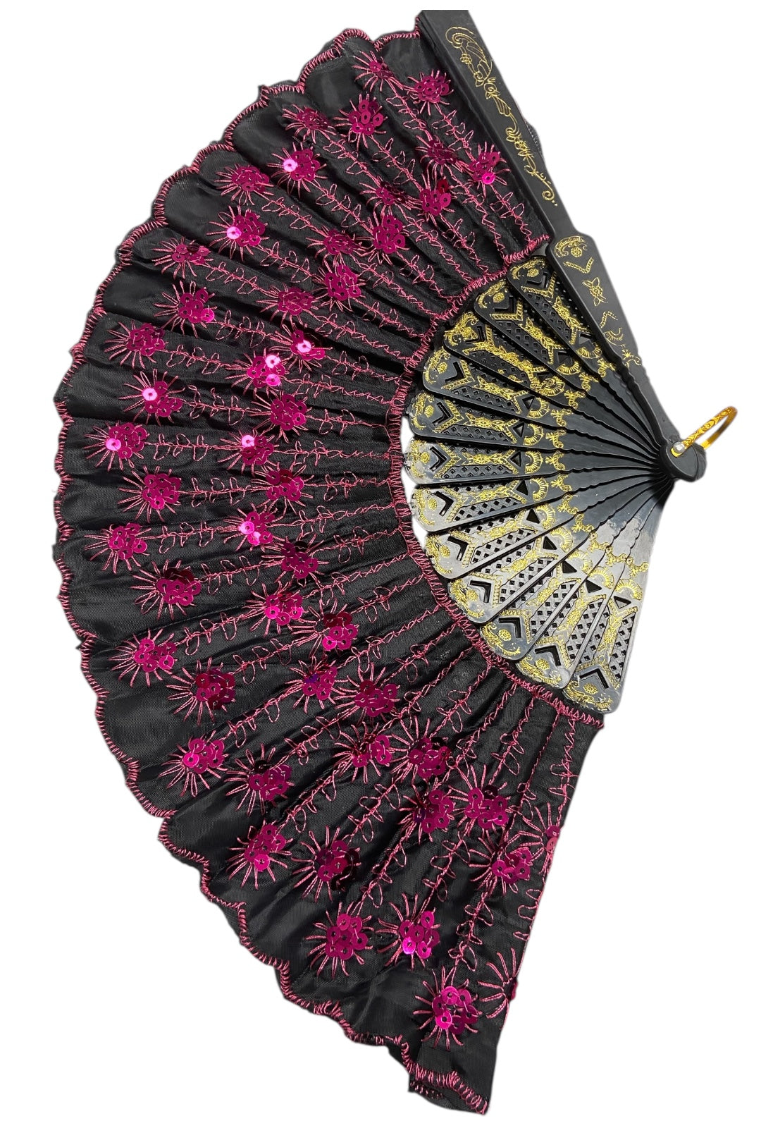 Black Hand Fan With Pink Sequins