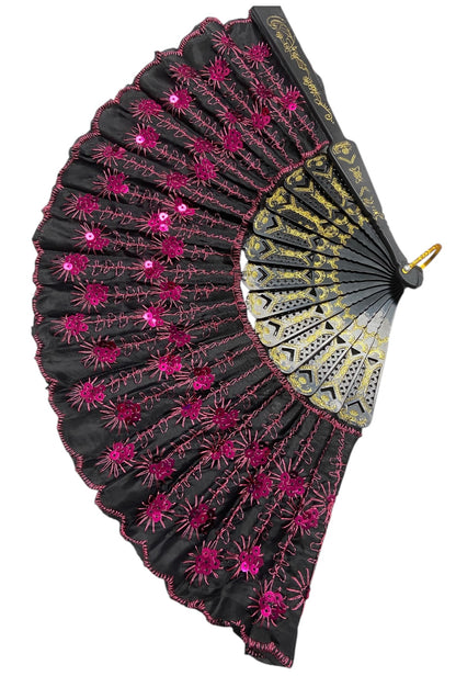 Black Hand Fan With Pink Sequins