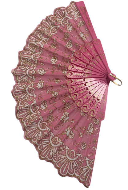 Pink and Gold Hand Fan With Roses