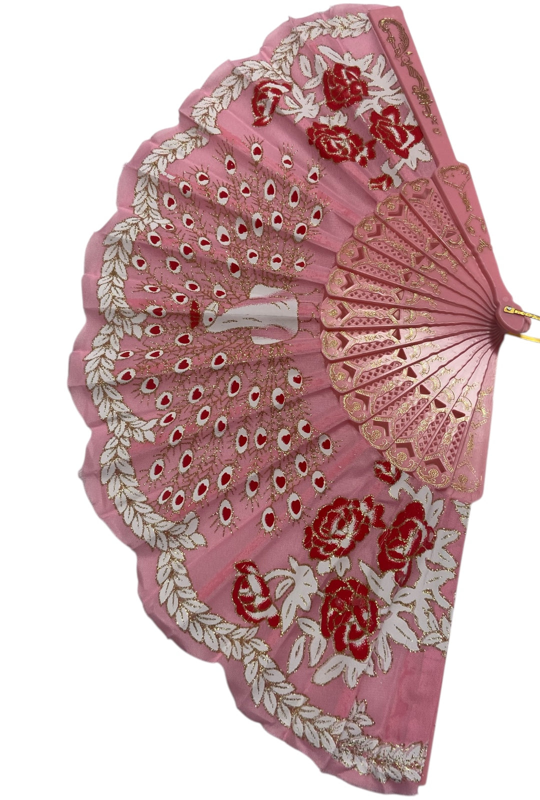 Pink and Gold Hand Fan With Peacock and Roses