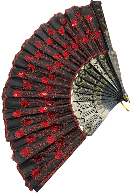 Black Hand Fan With Red Sequins