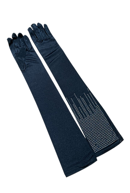Long Black Satin Rhinestone Gloves
