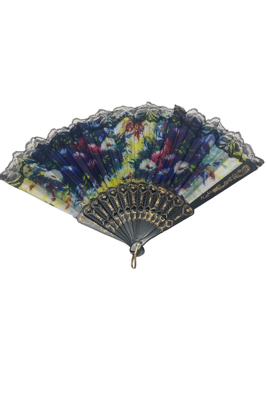 Black and Gold Hand Fan With Watercolour Daisies (A)