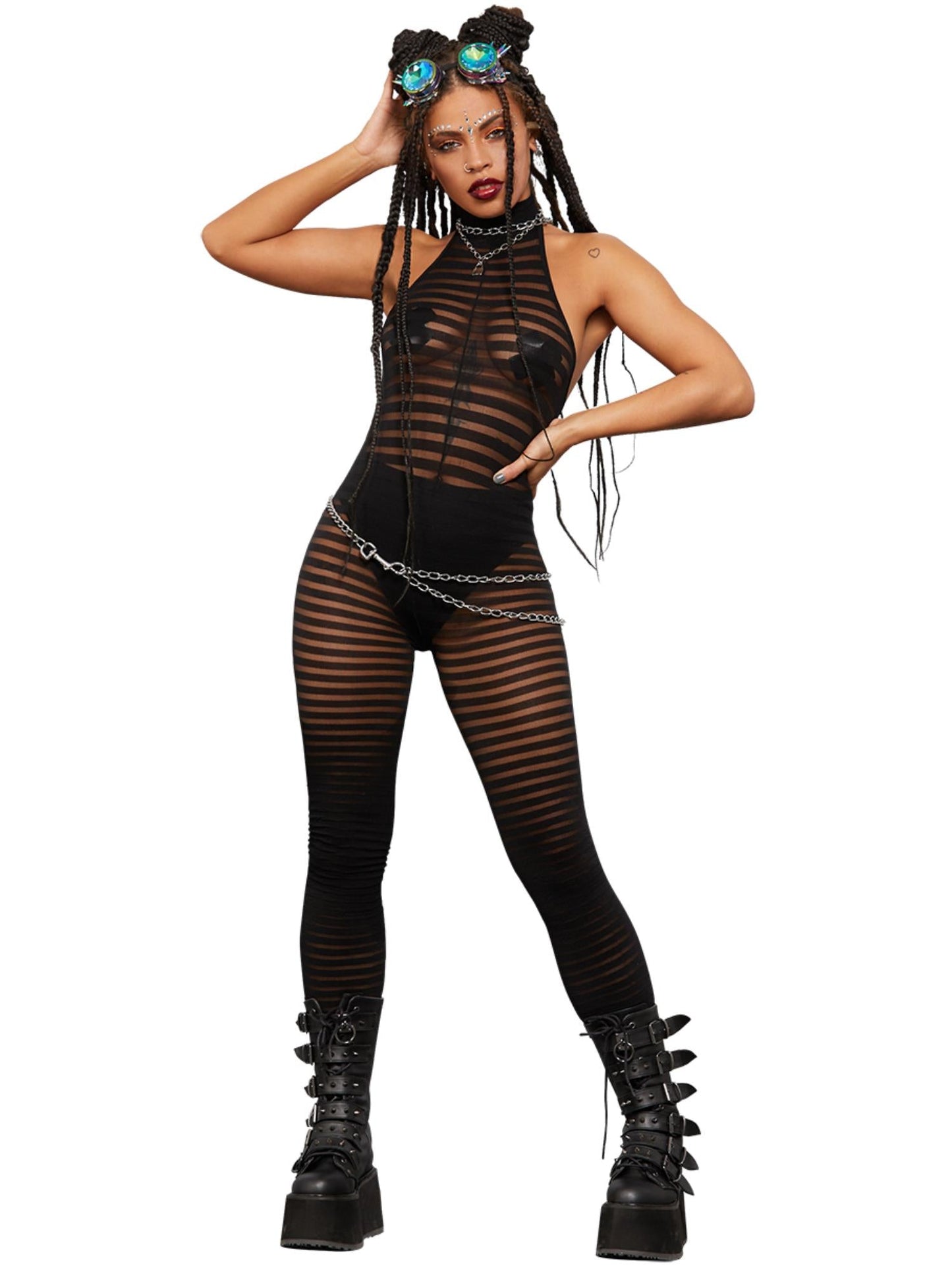 Black Sleeveless Striped Bodystocking