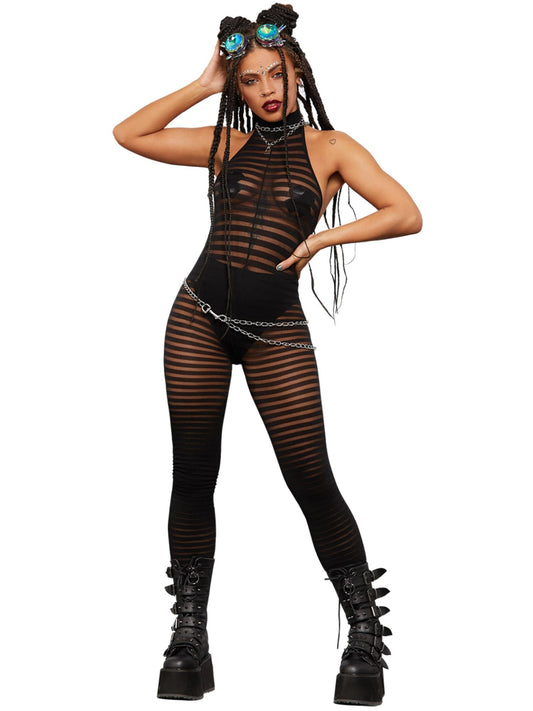 Black Sleeveless Striped Bodystocking