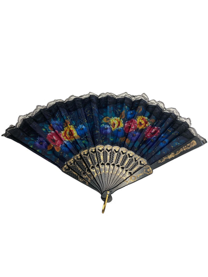 Black and Gold Hand Fan With Watercolour Flowers (V)