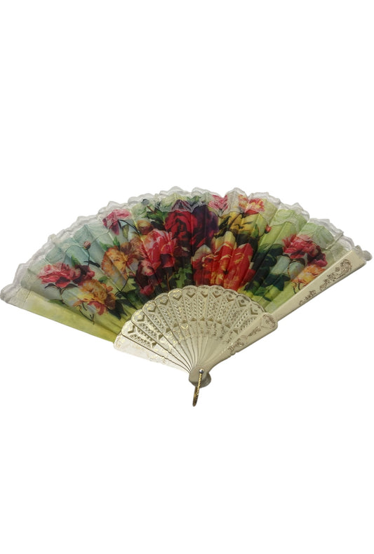 Cream and Gold Hand Fan With Pink, Red and Yellow Watercolour Carnations (S)