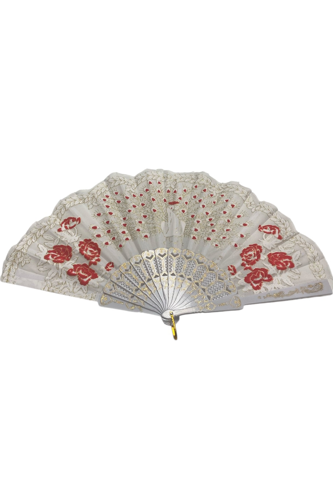 White and Gold Hand Fan With Peacock and Roses