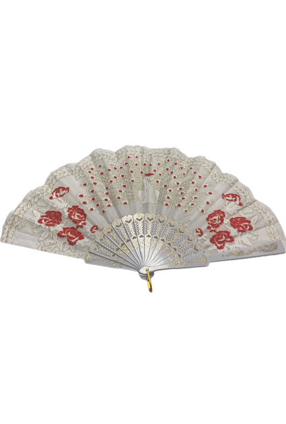 White and Gold Hand Fan With Peacock and Roses