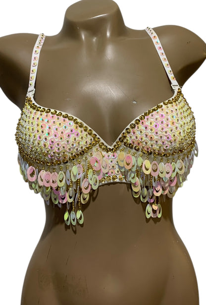 White with Gold & Iridescent Pink Sequin Fringe Bra Top