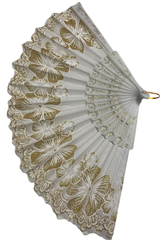 White and Gold Hand Fan With Gold Glitter Detail (G)