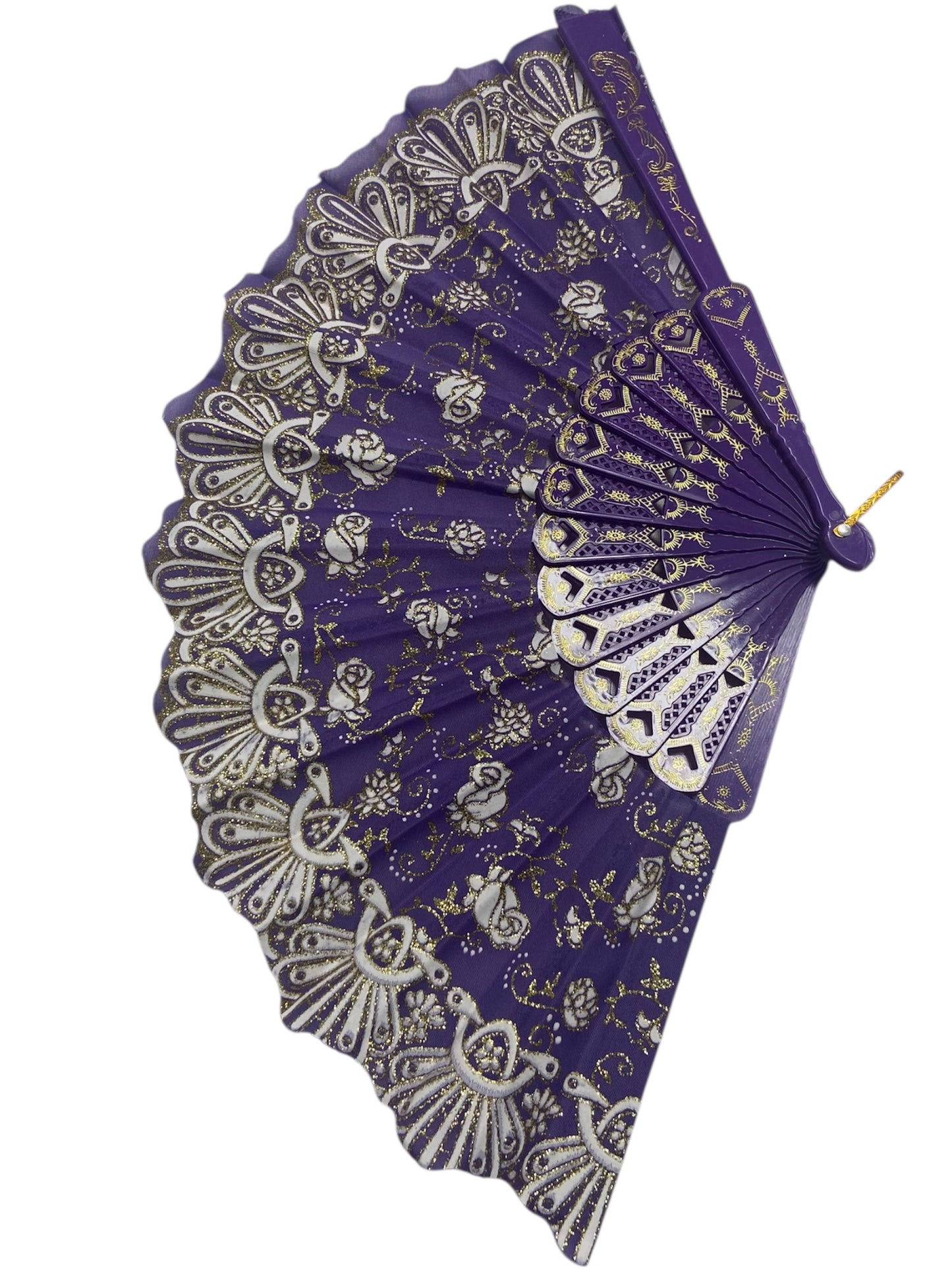 Purple and Gold Hand Fan With Roses