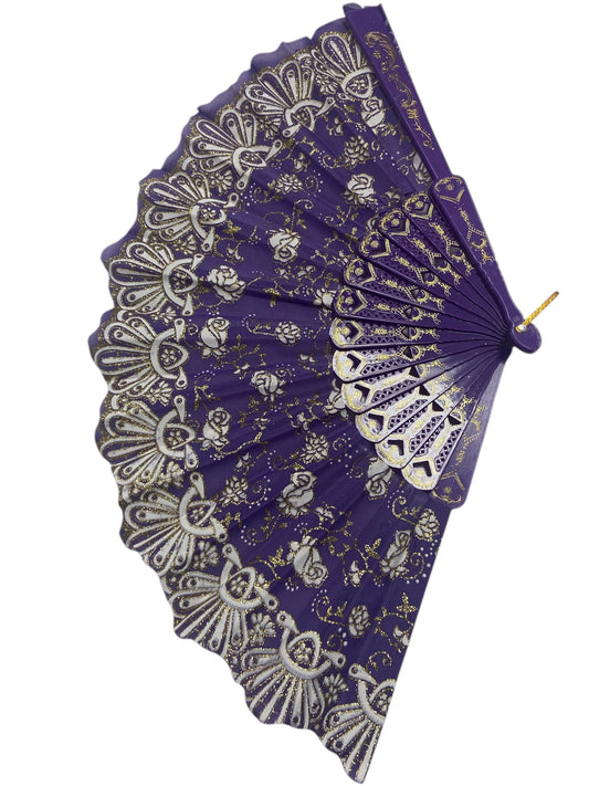 Purple and Gold Hand Fan With Roses