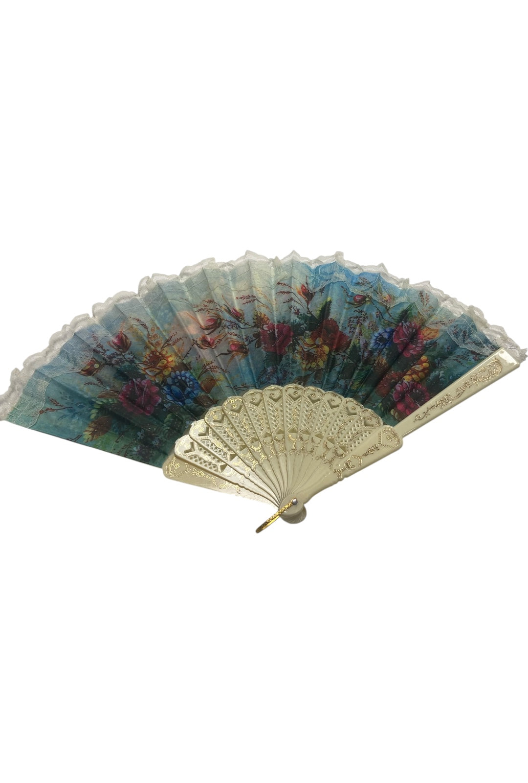 Cream and Gold Hand Fan With Pink, Blue and Yellow Watercolour Flowers (J)