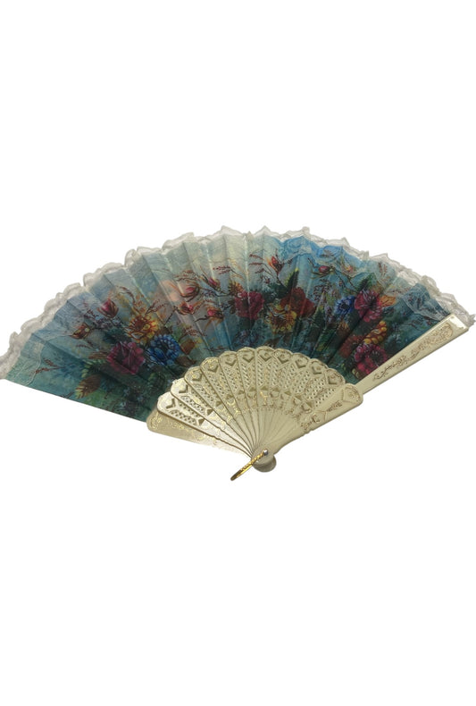 Cream and Gold Hand Fan With Pink, Blue and Yellow Watercolour Flowers (J)