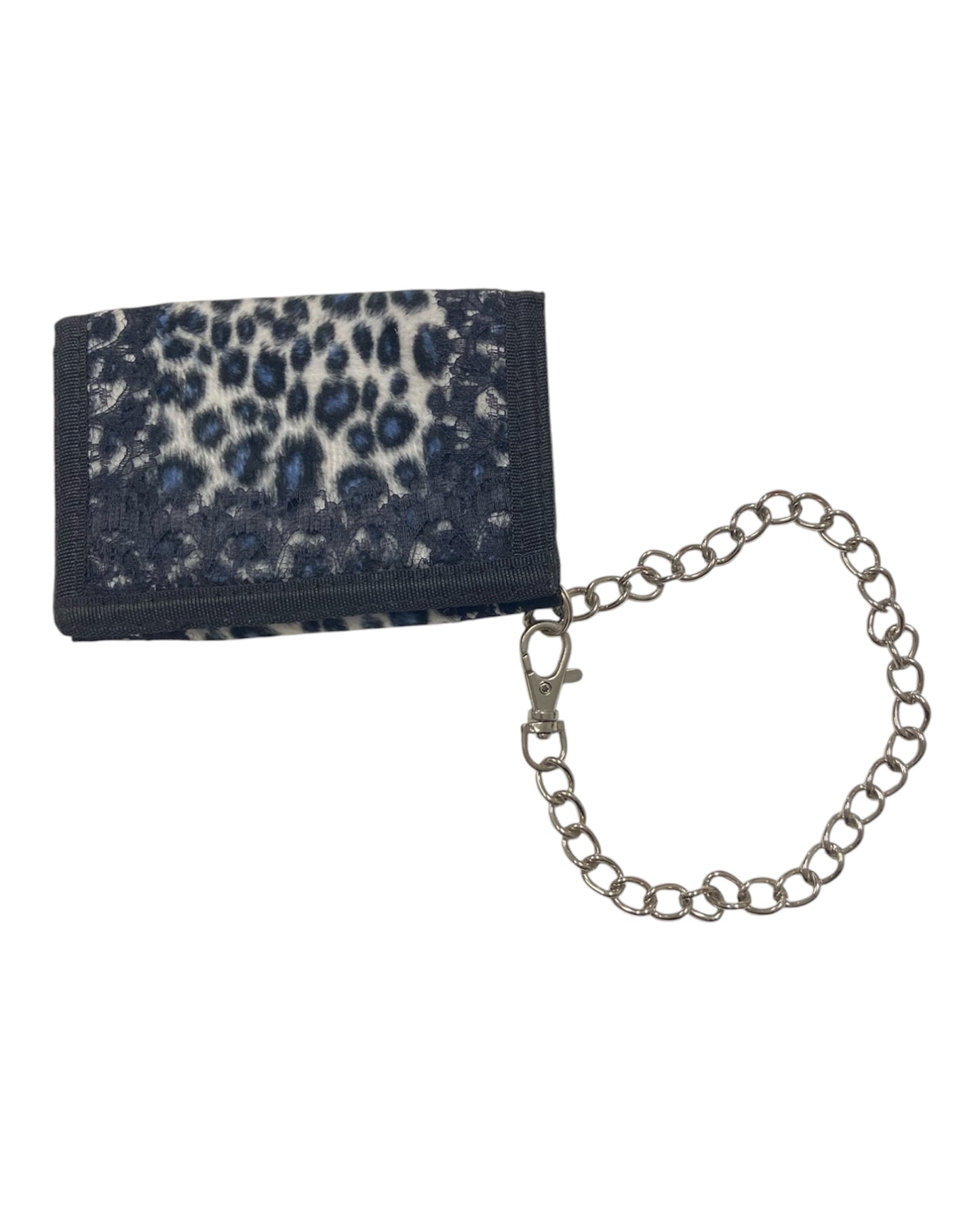 White and Blue Leopard Print velcro wallet with Lace Trim