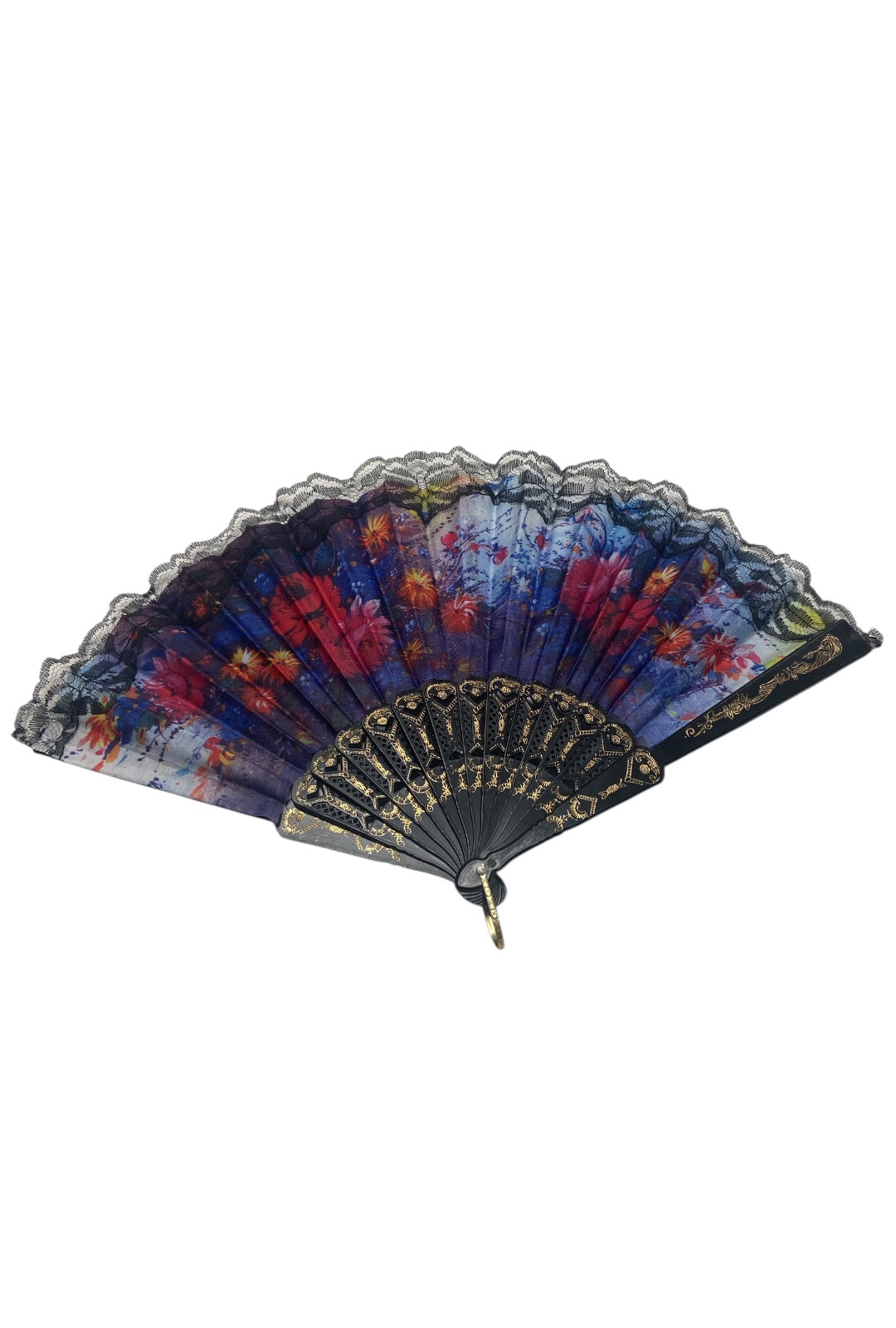Black and Gold Hand Fan With Red and Pink Watercolour Florals (H)