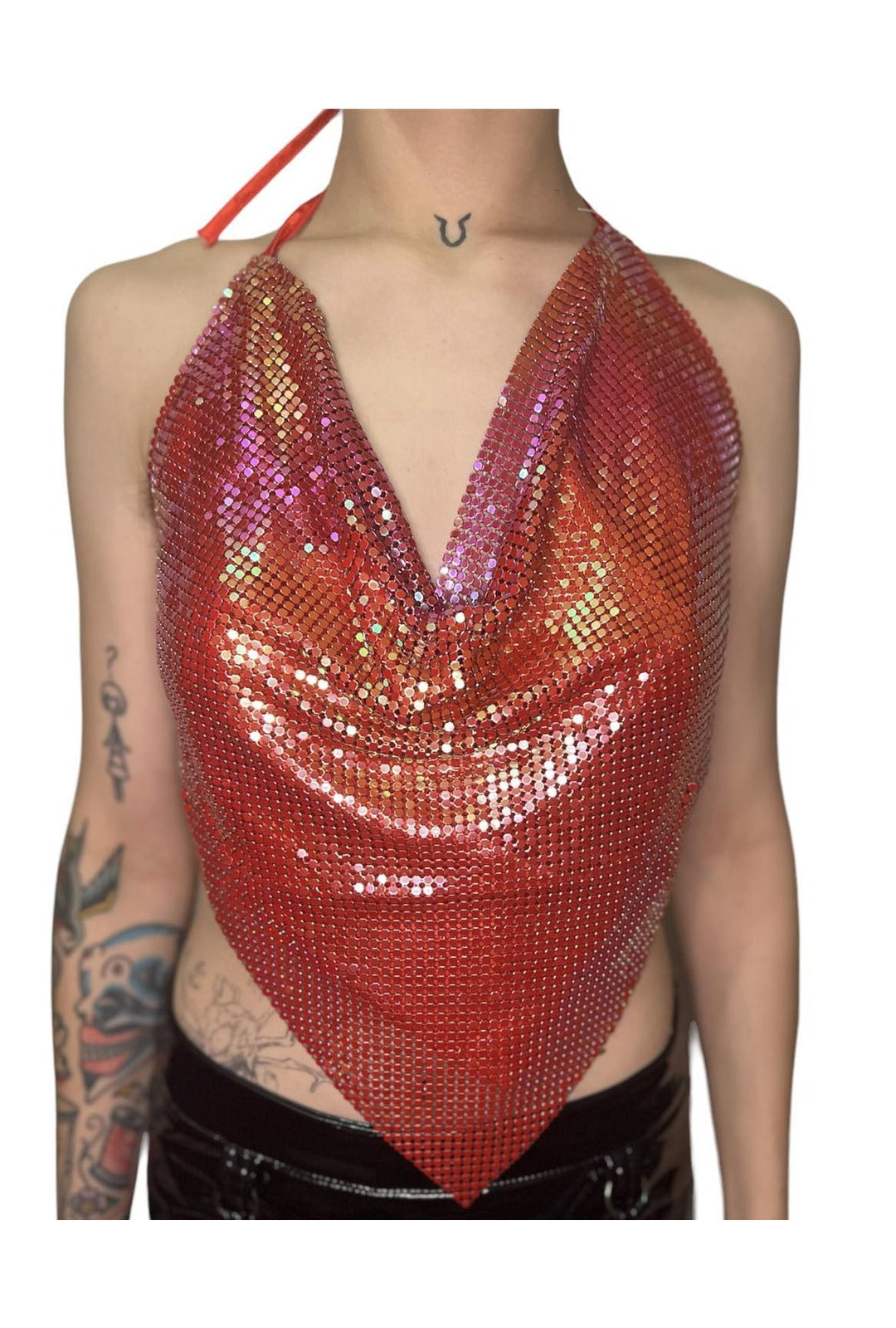 Iridescent Pink & Red Metal Mesh Top