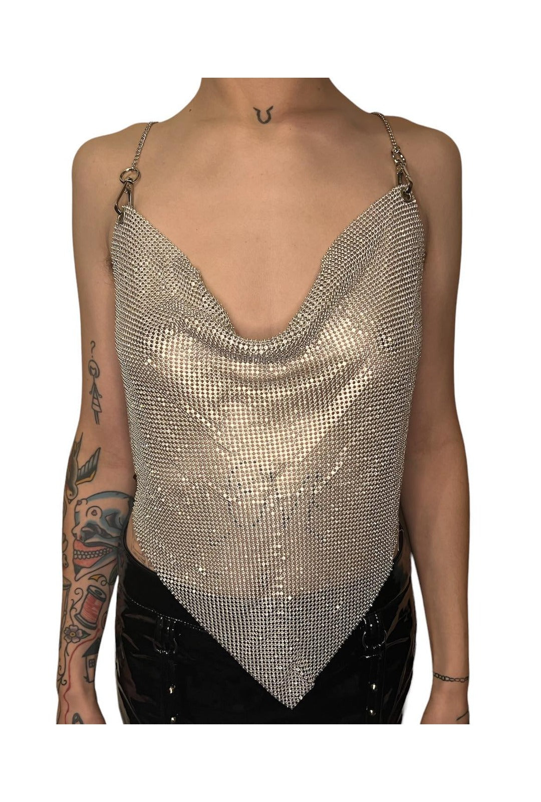 Silver Rhinestone Eyelet Mesh Mesh Top