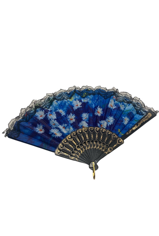 Black and Gold Hand Fan With Blue and White Watercolour Daisies (E)