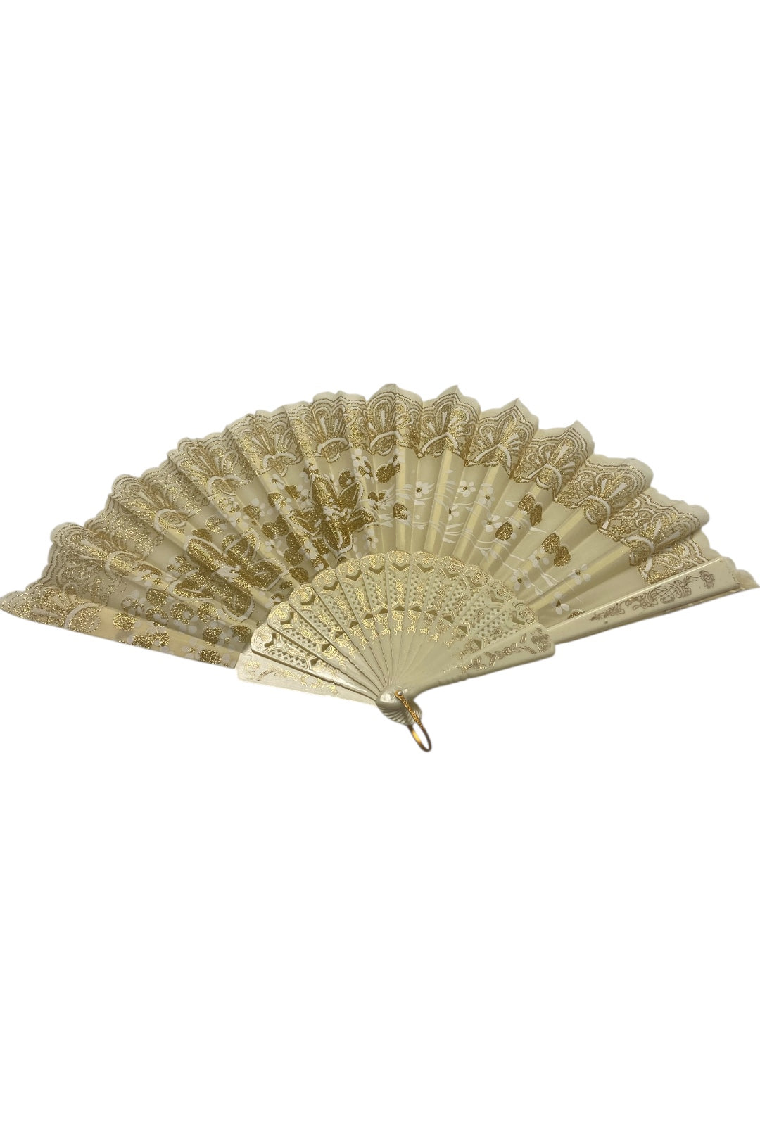 Cream and Gold Hand Fan With Gold Glitter Flowers (E)