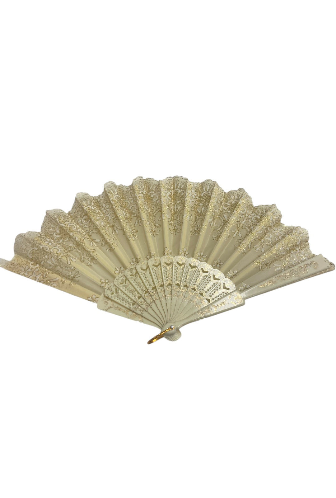 Cream and Gold Hand Fan With Gold Glitter Flowers (F)
