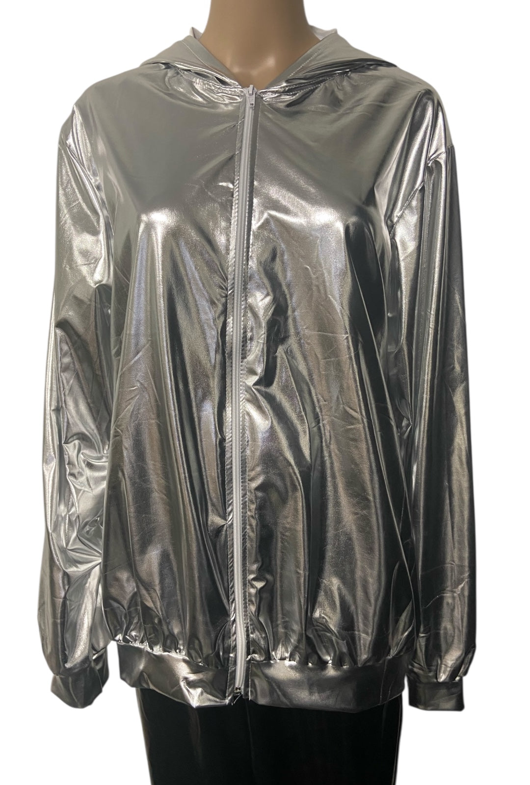 Metallic Silver Zip Front Hoodie