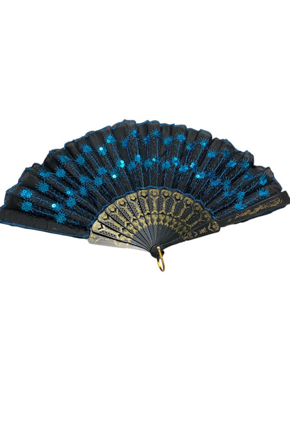 Black Hand Fan With Teal Sequins