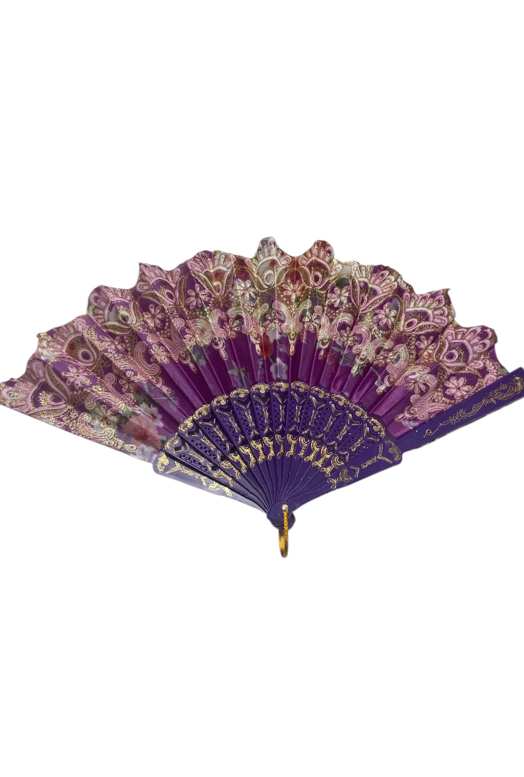 Purple and Gold Hand Fan With Flowers
