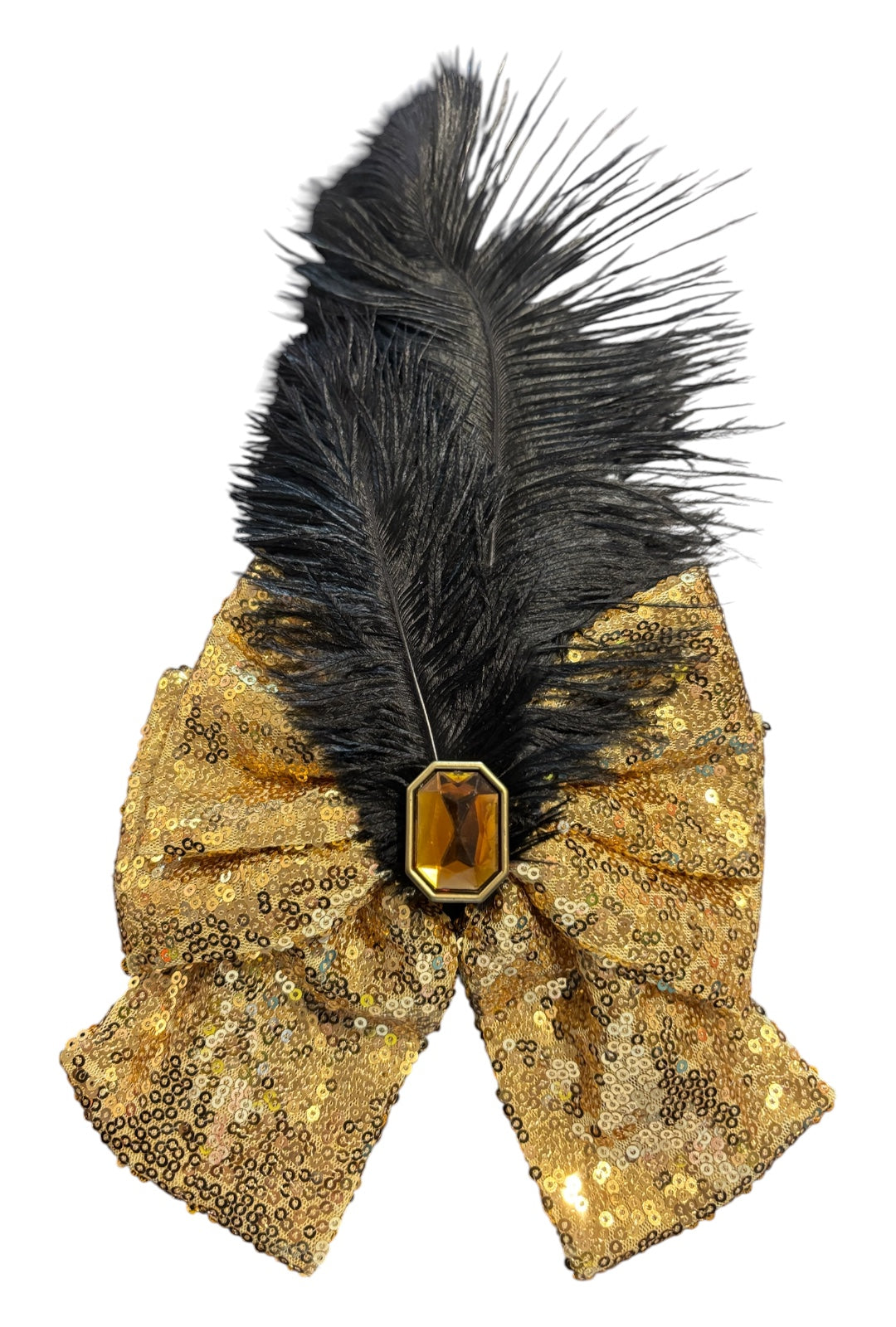 Gold Sequin Bow With Black Feather