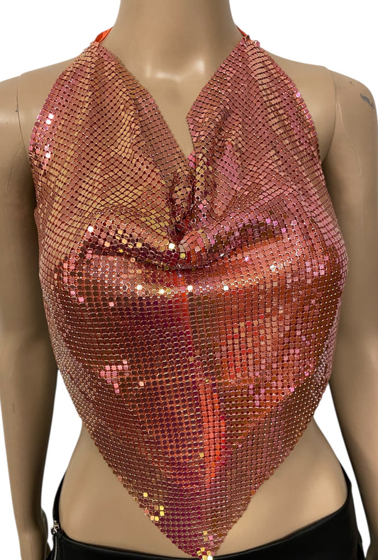 Iridescent Pink & Orange Metal Mesh Top