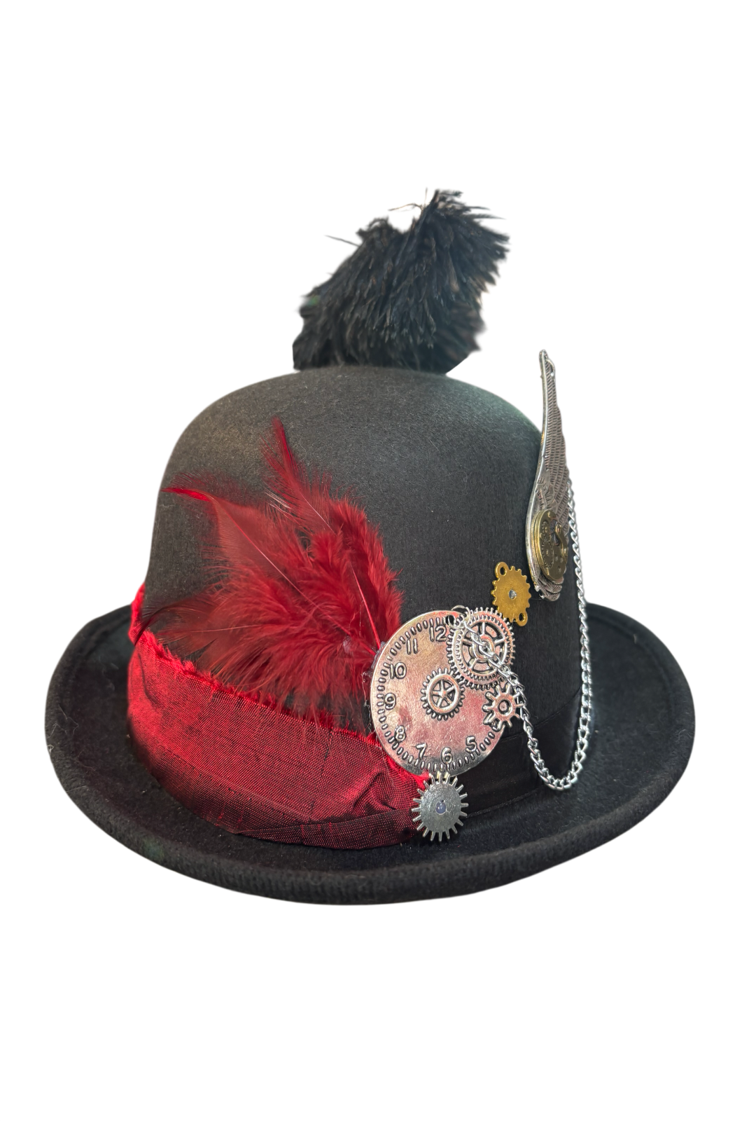 Steampunk Bowler Hat With Red Ribbon And  Gem