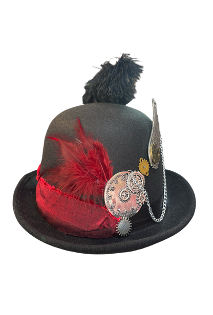 Steampunk Bowler Hat With Red Ribbon And  Gem
